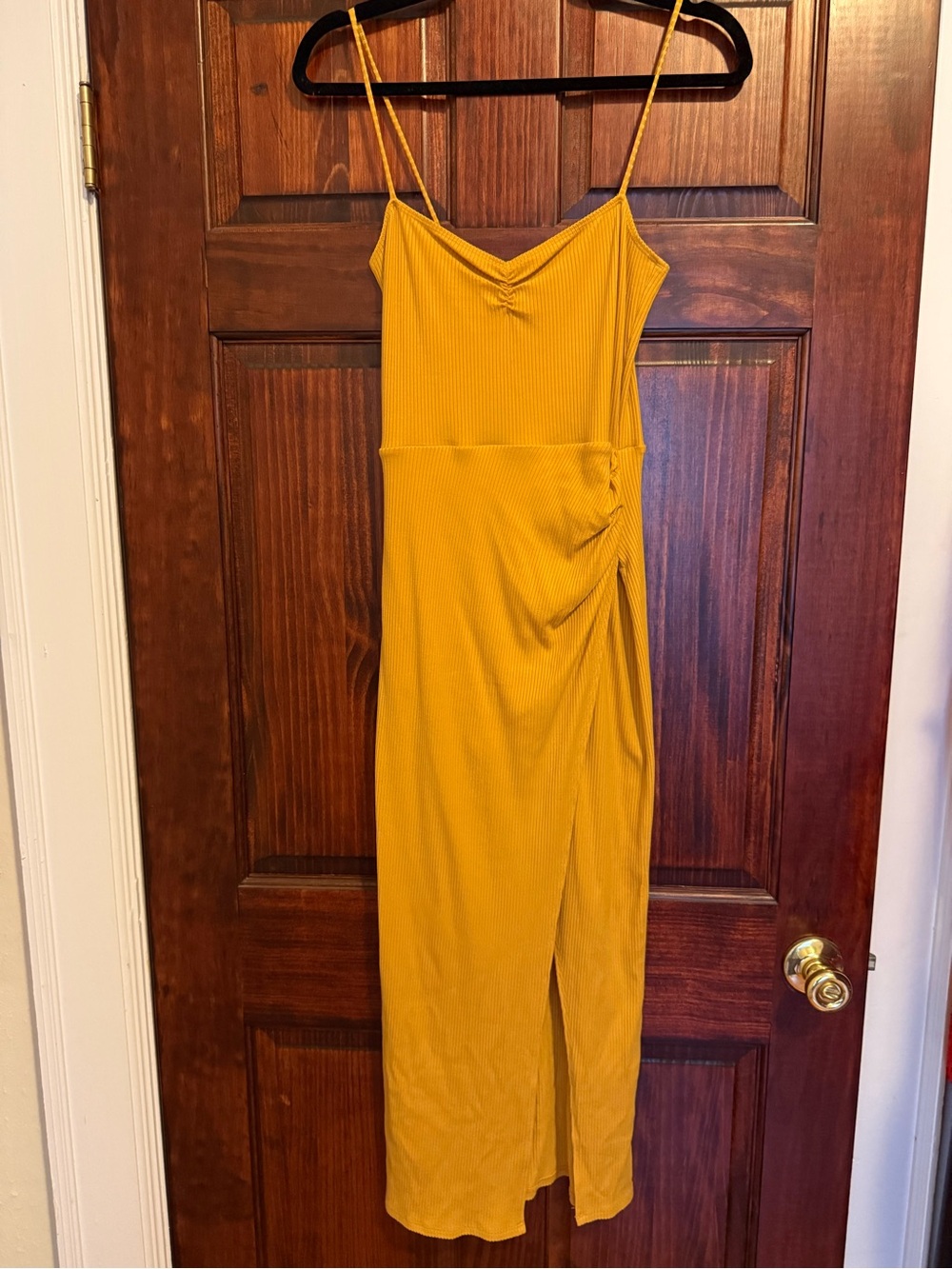 Reformation Mustard Yellow Ribbed Maxi Dress with Side Slit